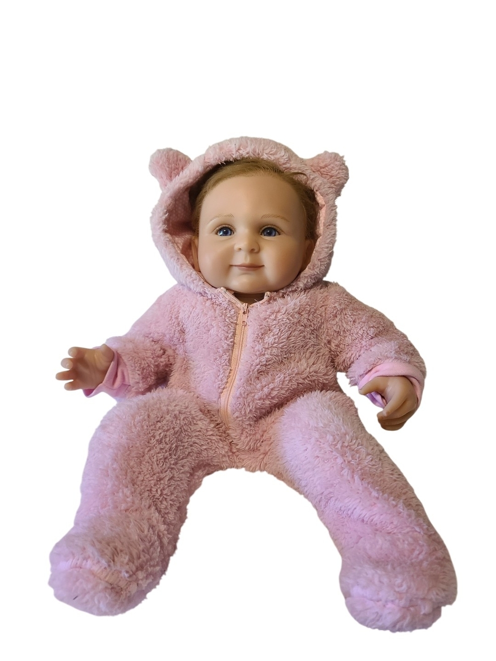 Ashton Drake Lifelike Reborn Baby Doll Blue Eyes In Pink Bear Hooded Sleeper